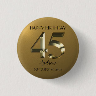 Metallic golden 45th birthday 3 cm round badge