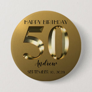 Metallic golden 50th birthday 7.5 cm round badge