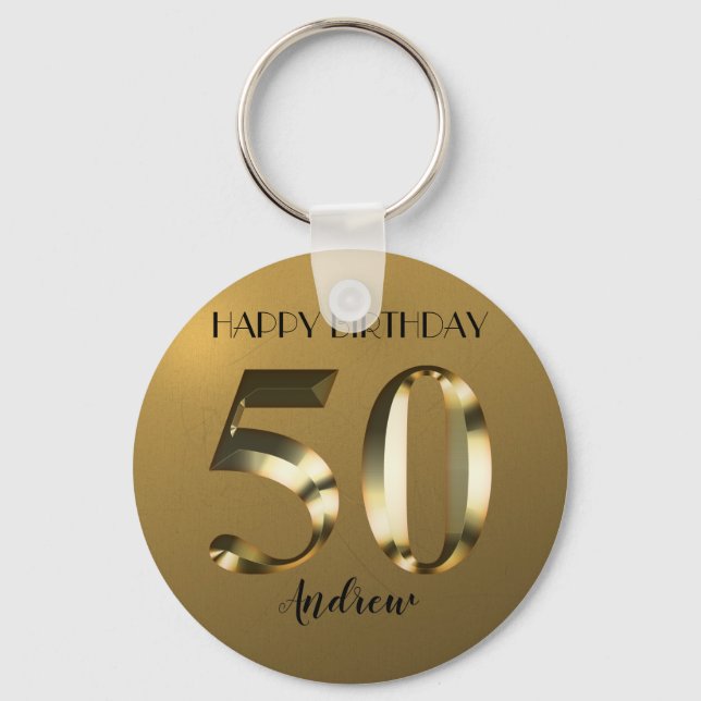 Metallic golden 50th birthday key ring (Front)