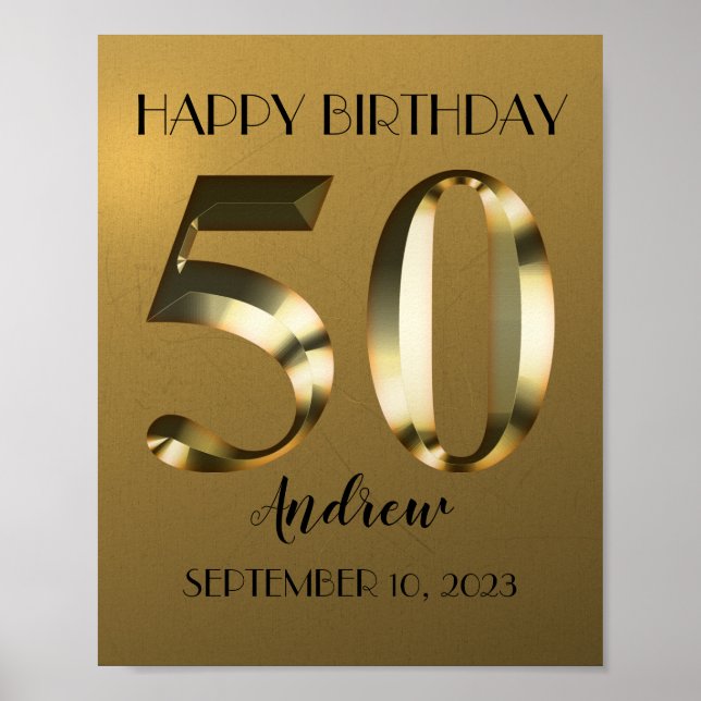 Metallic golden 50th birthday poster (Front)