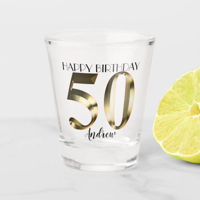 Metallic golden 50th birthday shot glass (Front)
