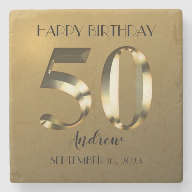 Metallic golden 50th birthday stone coaster (Front)