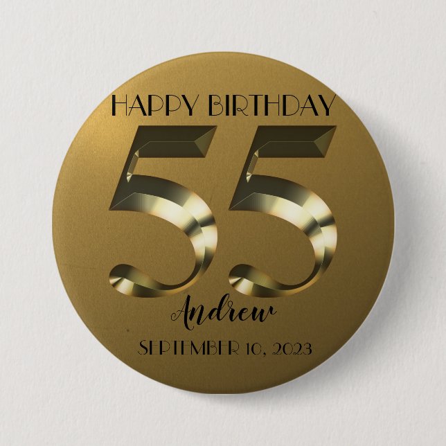 Metallic golden 55th birthday 7.5 cm round badge (Front)