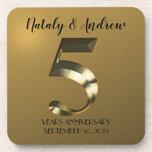 Metallic golden 5th Wedding Anniversary Coaster