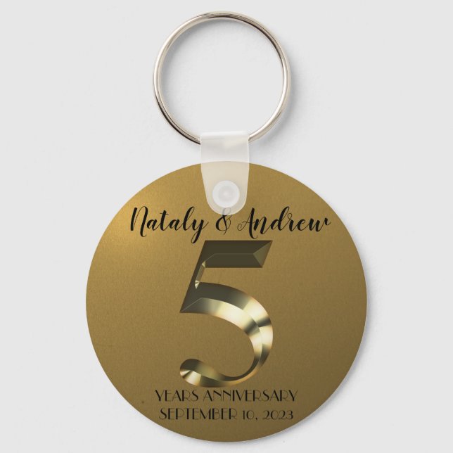 Metallic golden 5th Wedding Anniversary Key Ring (Front)