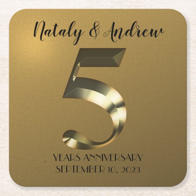 Metallic golden 5th Wedding Anniversary Square Paper Coaster (Front)