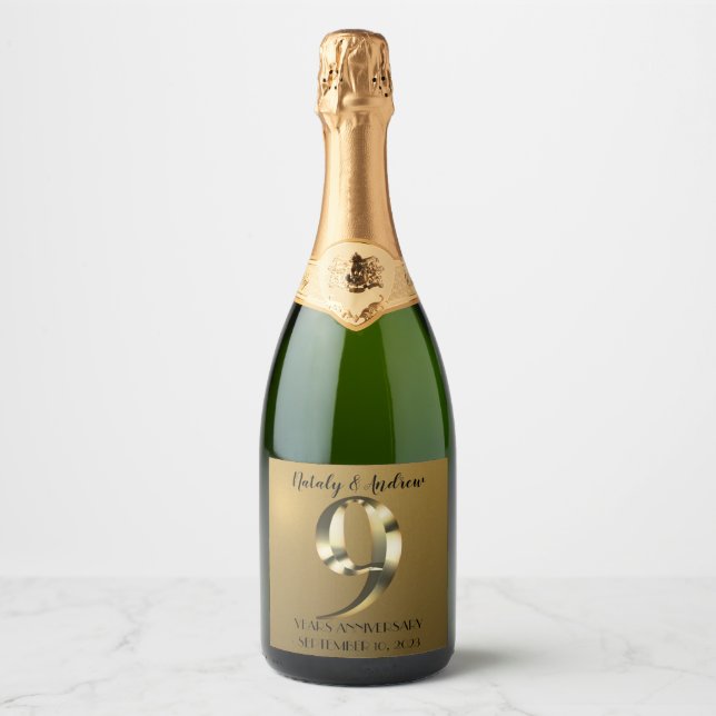 Metallic golden 9th Wedding Anniversary Sparkling Wine Label (Front)