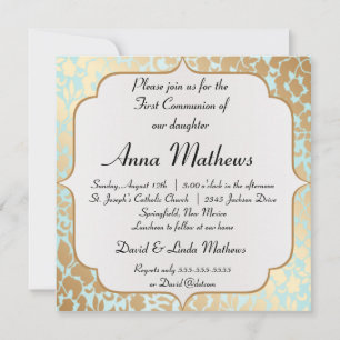 Metallic Golden Aqua Floral First Communion Invitation