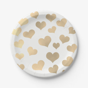 Metallic Golden Hearts Confetti White Delicate Paper Plate