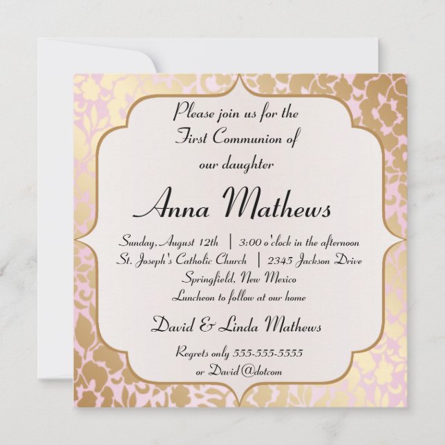 Metallic Golden Rose Pink First Communion Invite (Front)