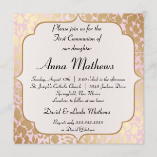 Metallic Golden Rose Pink First Communion Invite