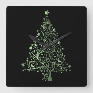 Metallic Green Black Stars Christmas Tree Elegant Square Wall Clock