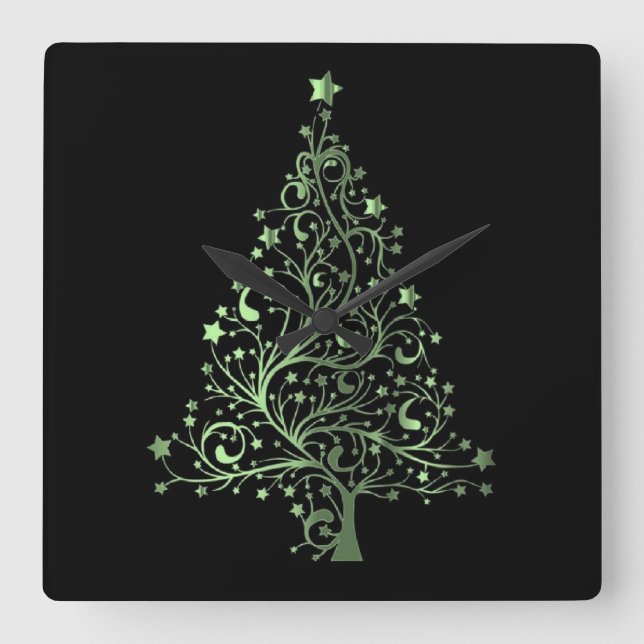 Metallic Green Black Stars Christmas Tree Elegant Square Wall Clock (Front)