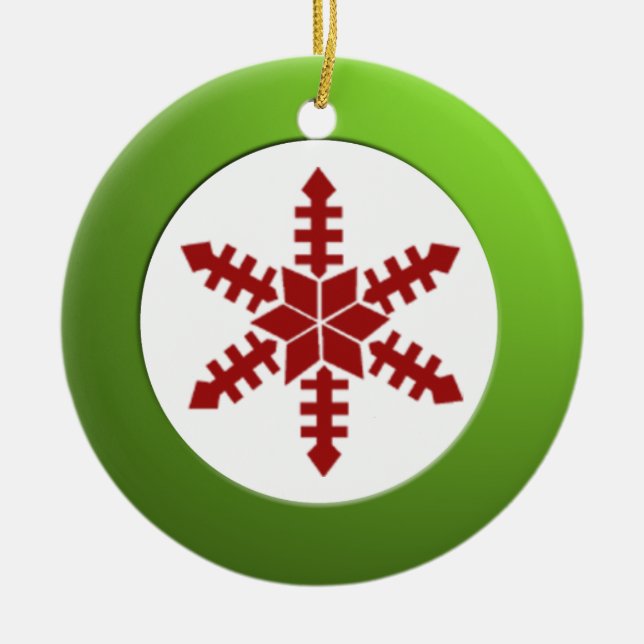 Metallic Green Circle and Red Snowflake Ceramic Ornament (Front)