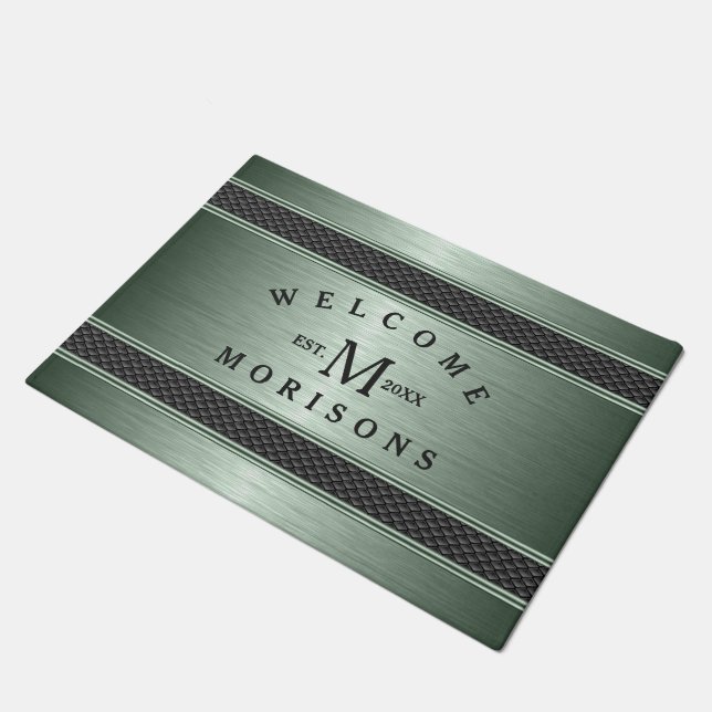 Metallic Green Geometric Stripes Modern Design Doormat (Angled)