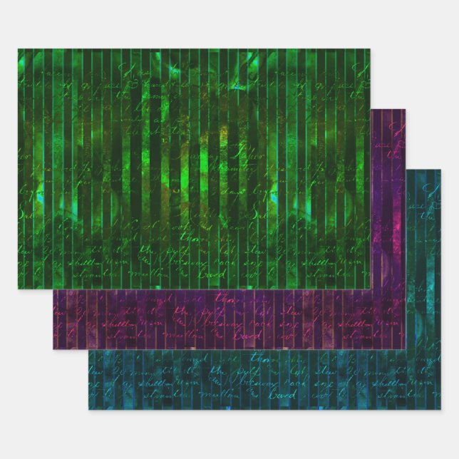 Metallic Green Purple Turquoise Stripes Script Wrapping Paper Sheet (Set)