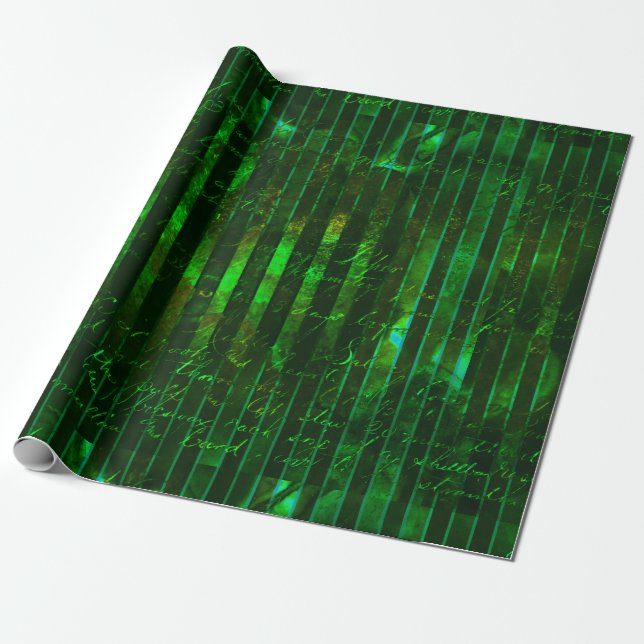 Metallic Green Stripes and Script Wrapping Paper (Unrolled)