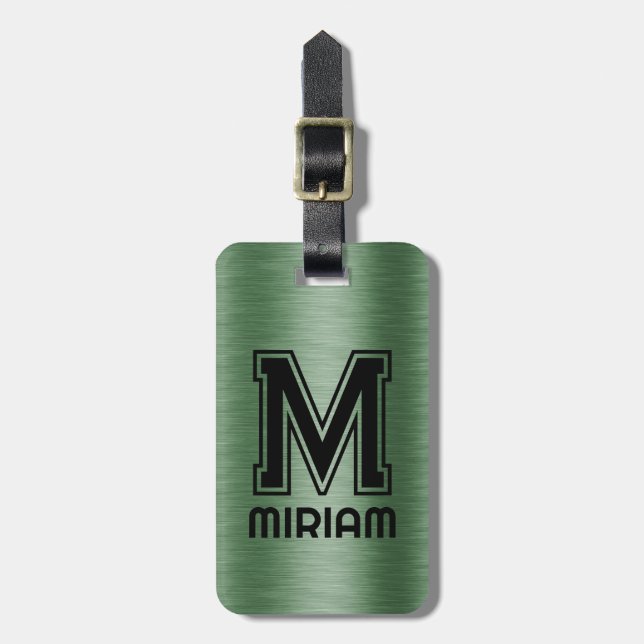 Metallic Green Texture Custom Black Text Luggage Tag (Front Vertical)