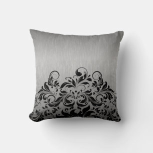 Metallic Grey & Black Floral Lace Cushion