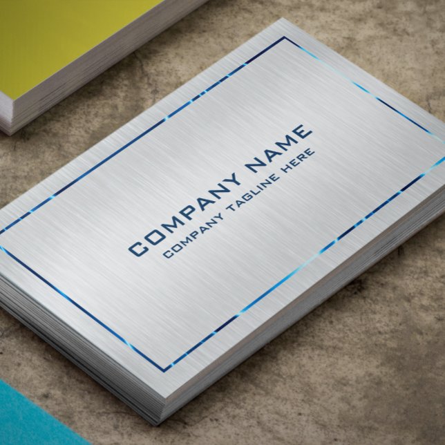 Metallic Grey Blue Border Brushed Steel Look Business Card (Creator Uploaded)