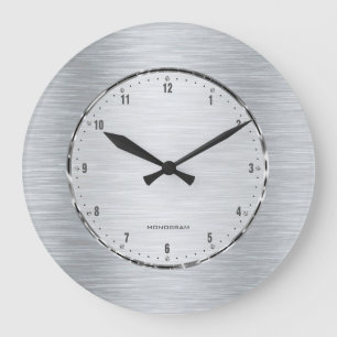 Metallic Grey Brushed Aluminium Look Large Clock