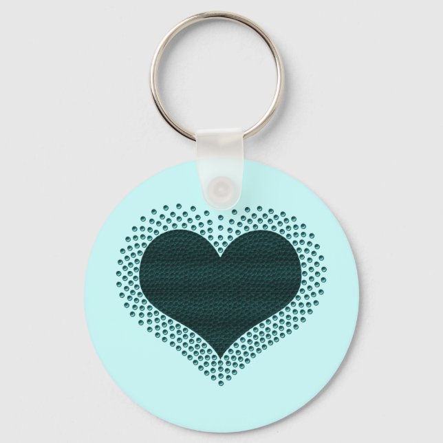 Metallic Heart Keychain, Teal Key Ring (Front)