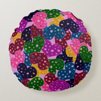 Metallic Hearts-Round Throw Pillow