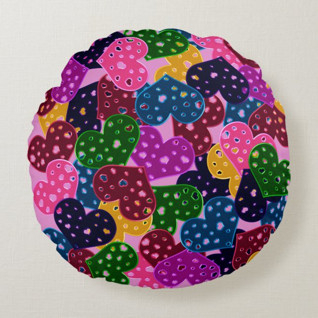 Metallic Hearts-Round Throw Pillow (Front)