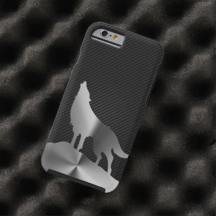 Metallic howling wolf with carbon fibre tough iPhone 6 case