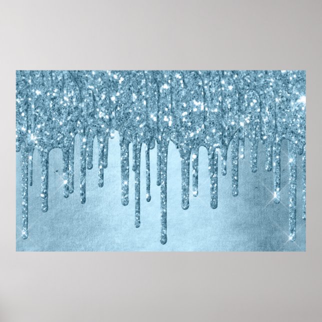 Metallic Ice Blue Drip | Glitzy Glam Glitter Melt Poster (Front)