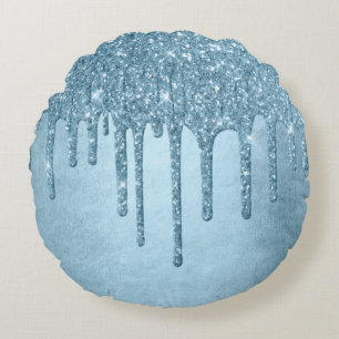 Metallic Ice Blue Drip   Glitzy Glam Glitter Melt Round Cushion