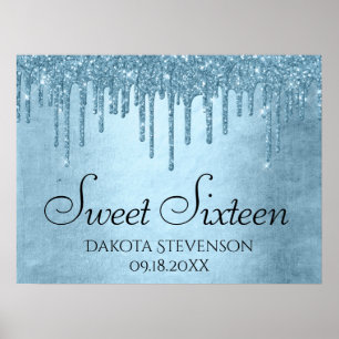 Metallic Ice Blue Drip   Glitzy Glam Sweet Sixteen Poster