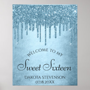 Metallic Ice Blue Drip Glitzy Glam Sweet Sixteen Poster