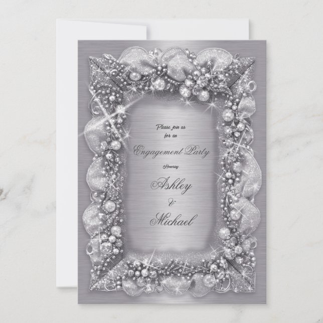 metallic jewels silver foil sparkly pearls elegant invitation (Front)