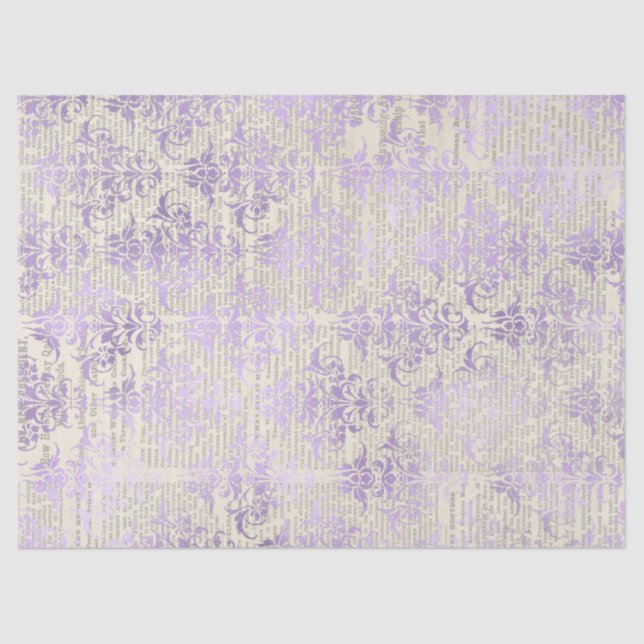 Metallic Lavender Damask on Newsprint Decoupage Tissue Paper (Front)