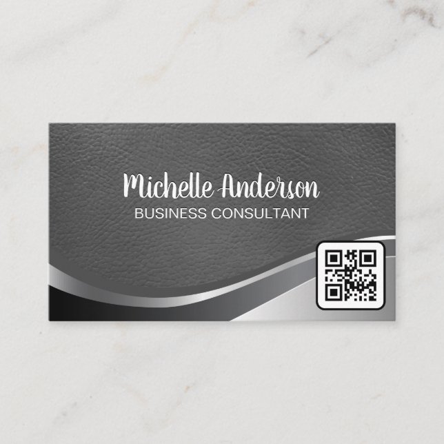 Metallic Leather | Emboss Lettering | Qr code Business Card (Front)