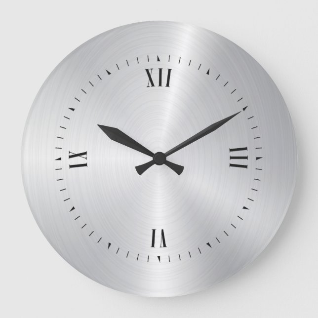 Metallic light silver brushed aluminium texture large clock (Front)