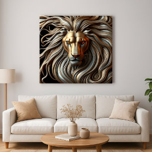 Metallic Lion Head with Fiery Eyes and Gold Mane Canvas Print