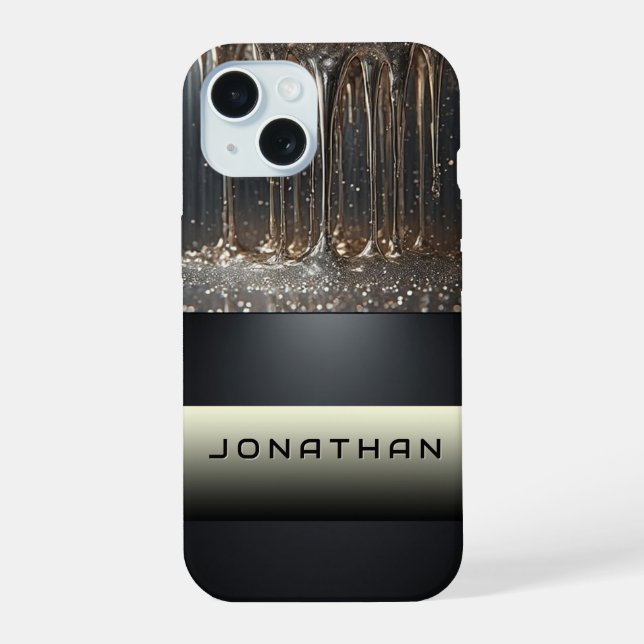 Metallic Liquid Dripping With Glittery Abstract iPhone 15 Case (Back)