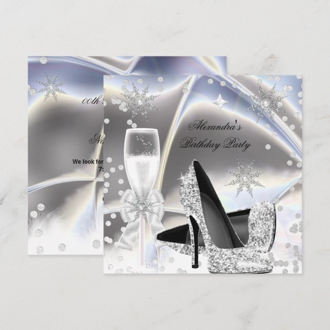 Metallic look Silver Champagne High Heels Birthday Invitation (Front/Back)