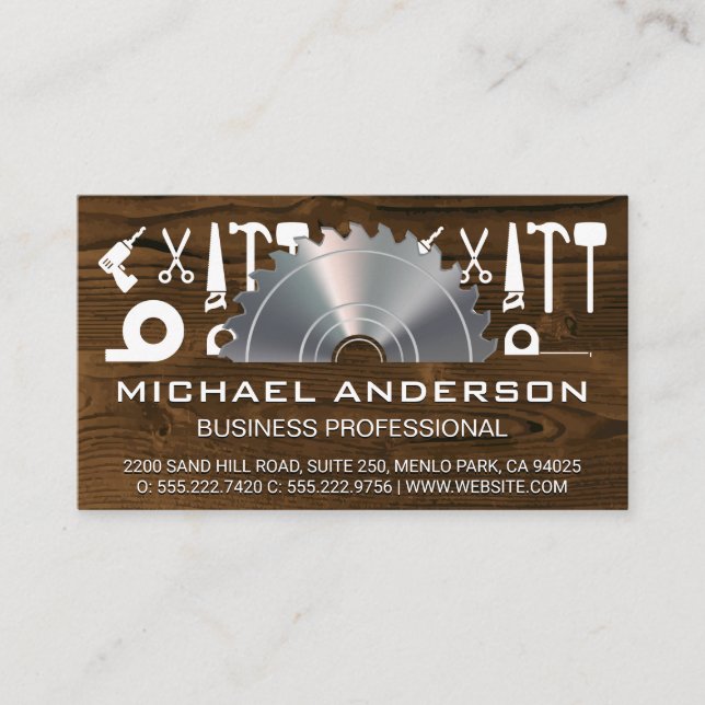 Metallic Lumber Saw | Wood Panel and Hardware Tool Business Card (Front)