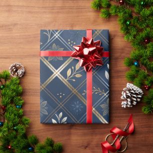 Metallic Luxe Navy Plaid Christmas Wrapping Paper