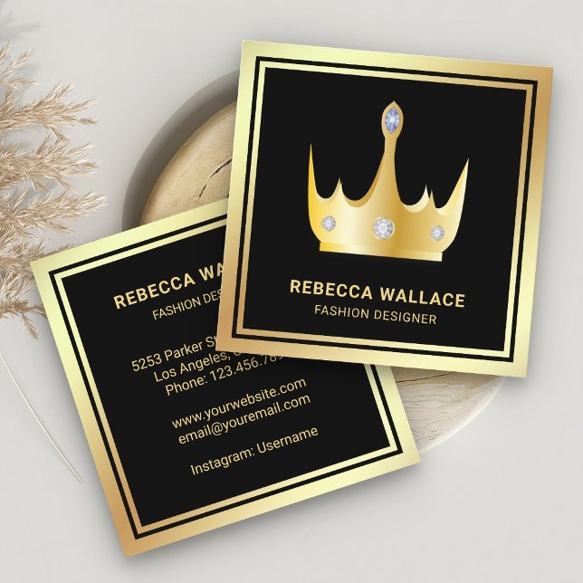 Metallic Luxurious Black Faux Gold Foil Crown Square Business Card (Creator Uploaded)