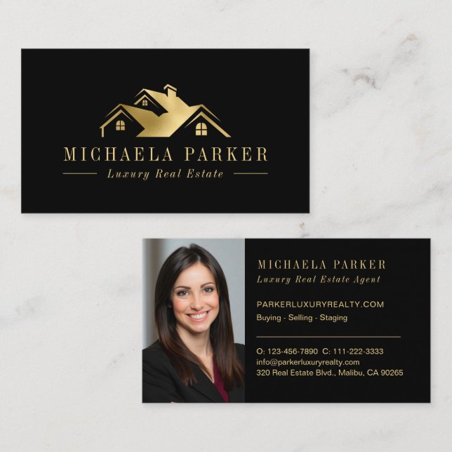 Metallic Luxury Real Estate Agent Black Gold Business Card (Front/Back)