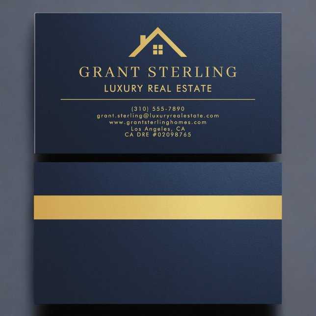 Metallic Luxury Real Estate Agent Navy Blue Gold Business Card (Creator Uploaded)
