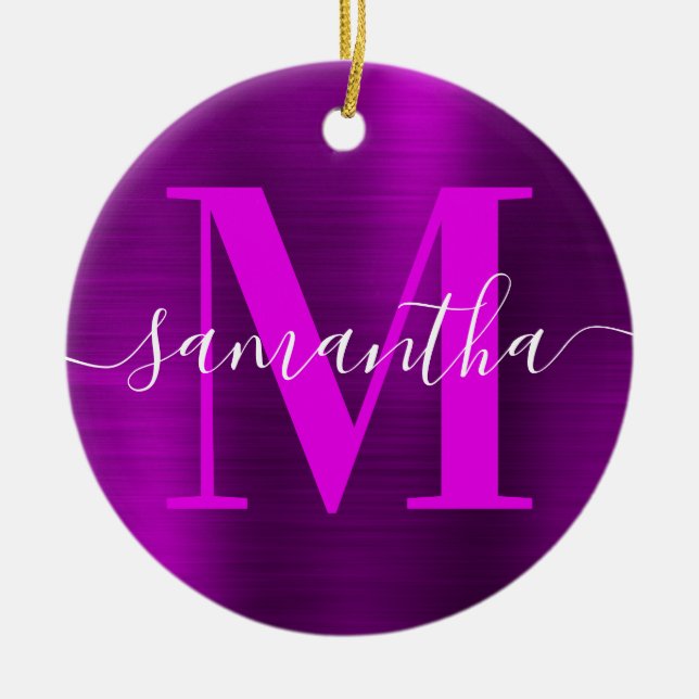 Metallic Magenta Purple Signature Monogram Photo Ceramic Ornament (Front)