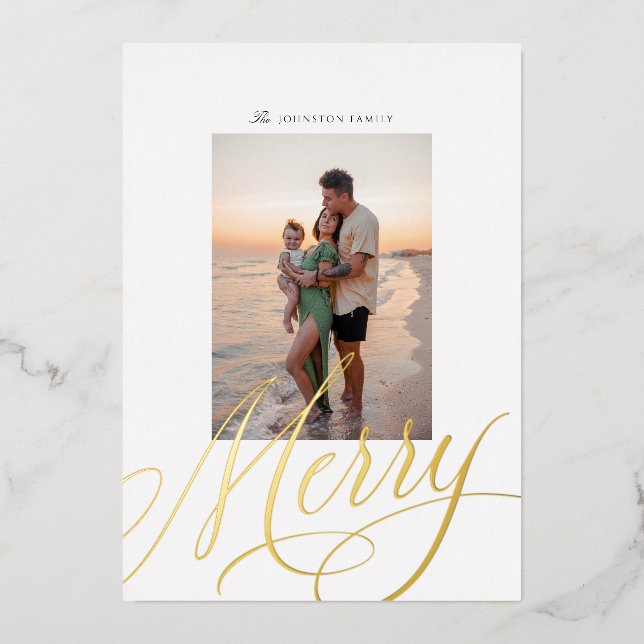 Metallic Merry Script Holiday Foil Photo Card (Front)