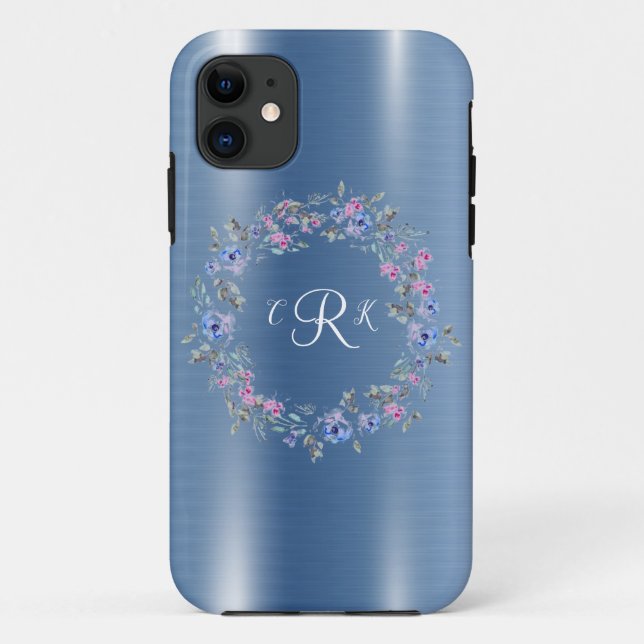 Metallic Monogram Blue Floral Girly Case-Mate iPhone Case (Back)