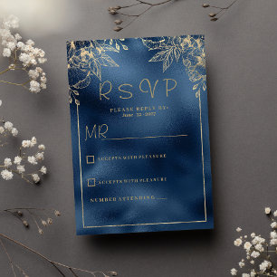 Metallic navy blue gradient gold floral RSVP Invitation