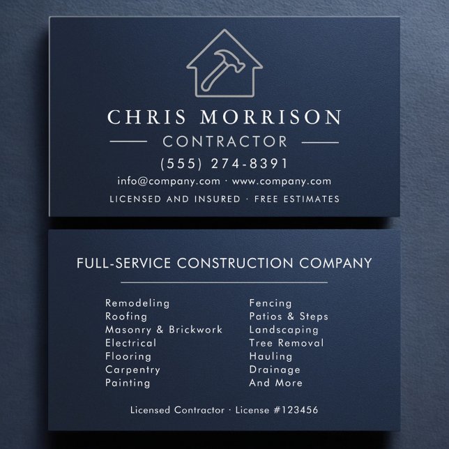Metallic Navy Blue Silver Building Construction  Business Card (Creator Uploaded)